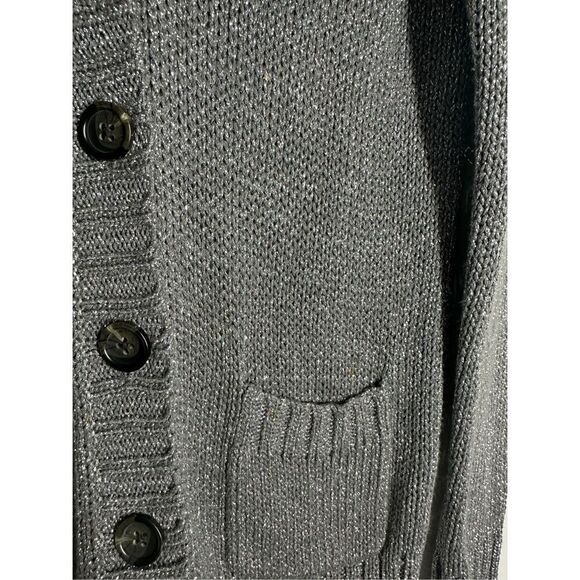 J.Crew Metallic Silver Knit Sweater Cardigan Shiny Glam Pockets V Neck Sz M - Picture 2 of 11